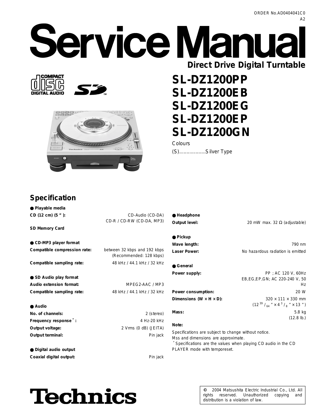 Panasonic SLDZ-1200-EB, SLDZ-1200-EG, SLDZ-1200-EP, SLDZ-1200-GN, SLDZ-1200-PP Service manual