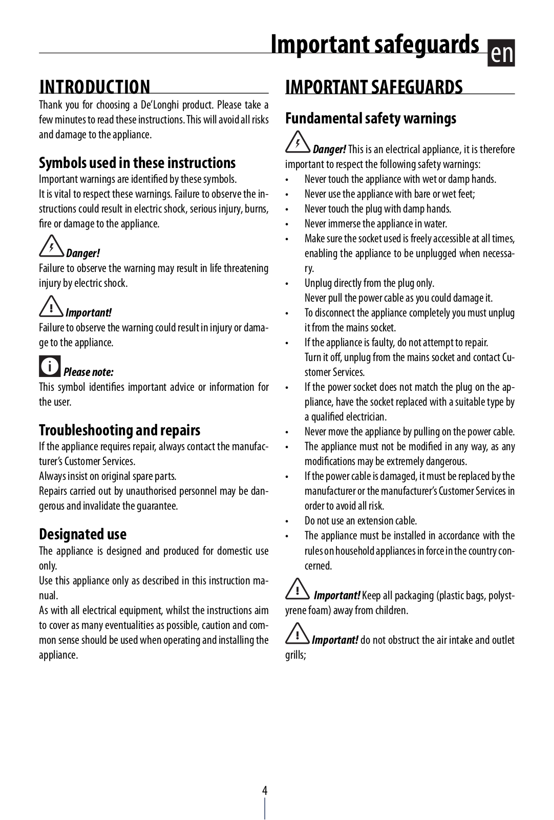 Delonghi AC75 Instruction manuals