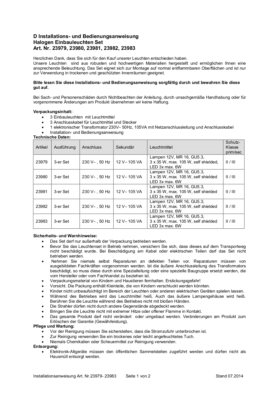 Heitronic 23979, 23980, 23981, 23982, 23983 Installation and operating instructions