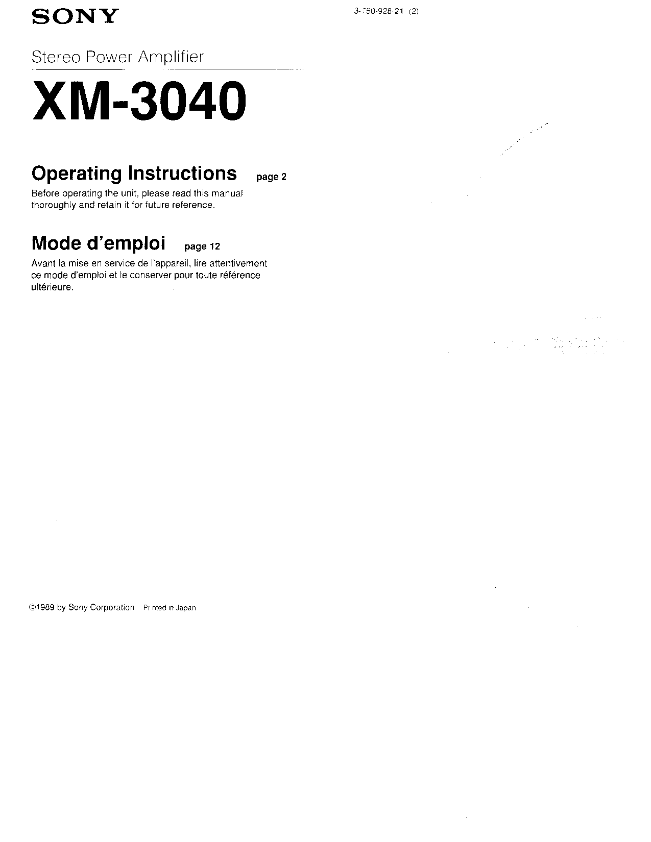 Sony XM-3040 User Manual