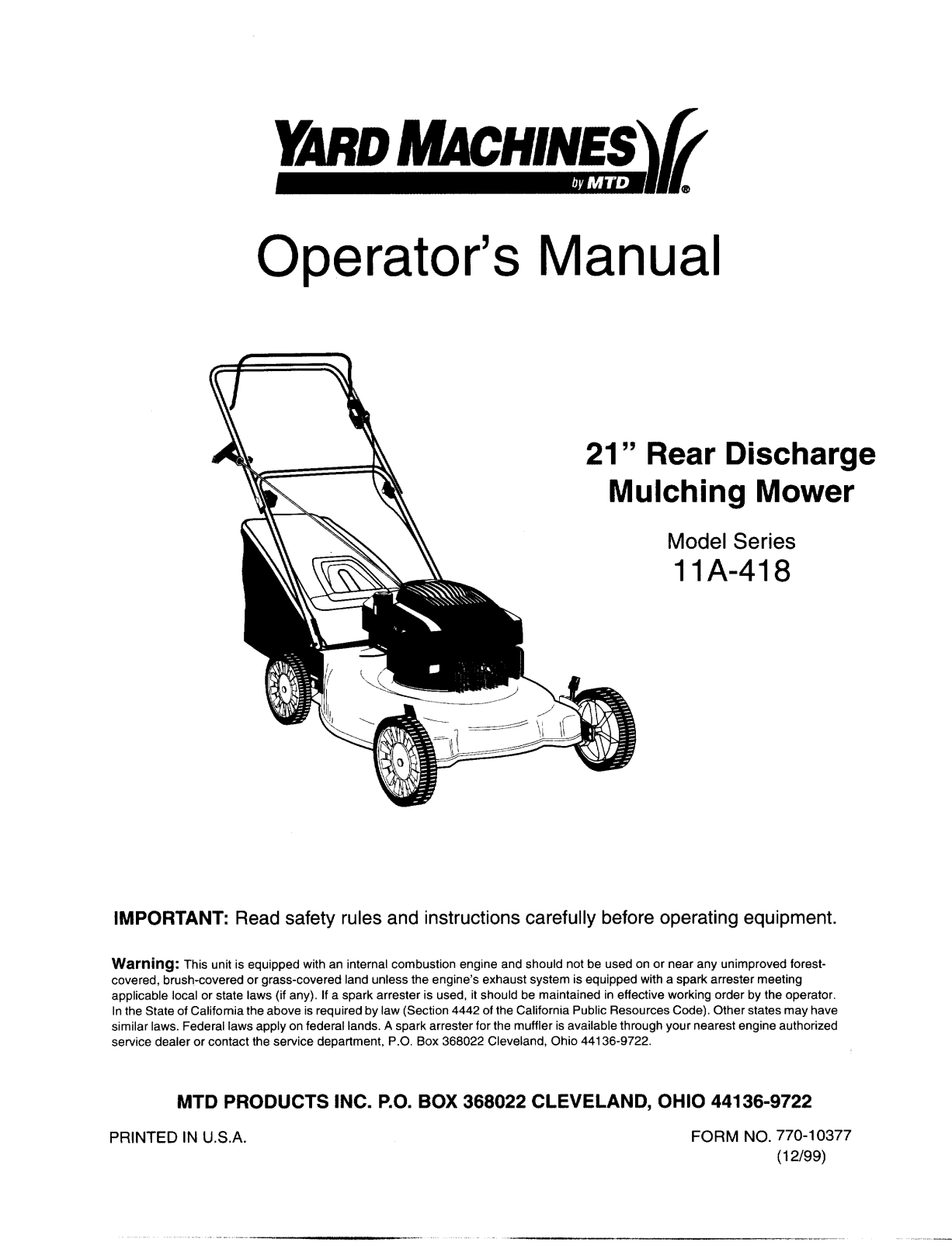 Yard Machines 11A-418 User Manual