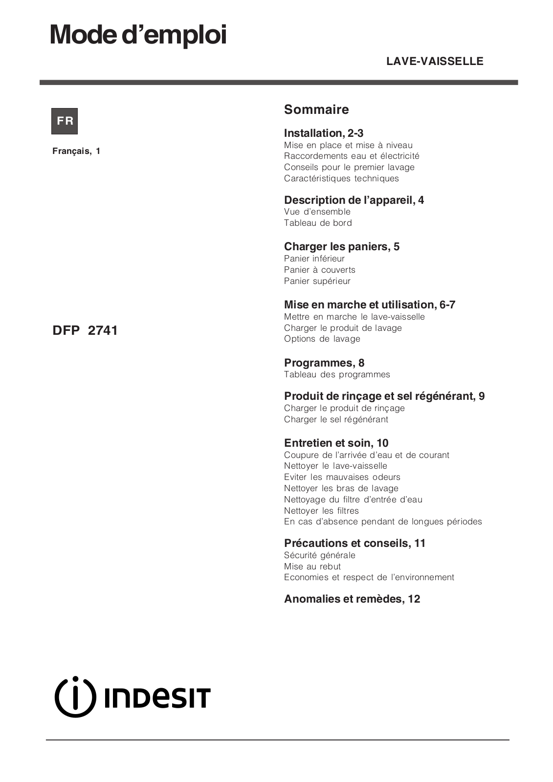 INDESIT DFP2741MFR, DFP2741MNXFR, Dfp2741MNX User Manual