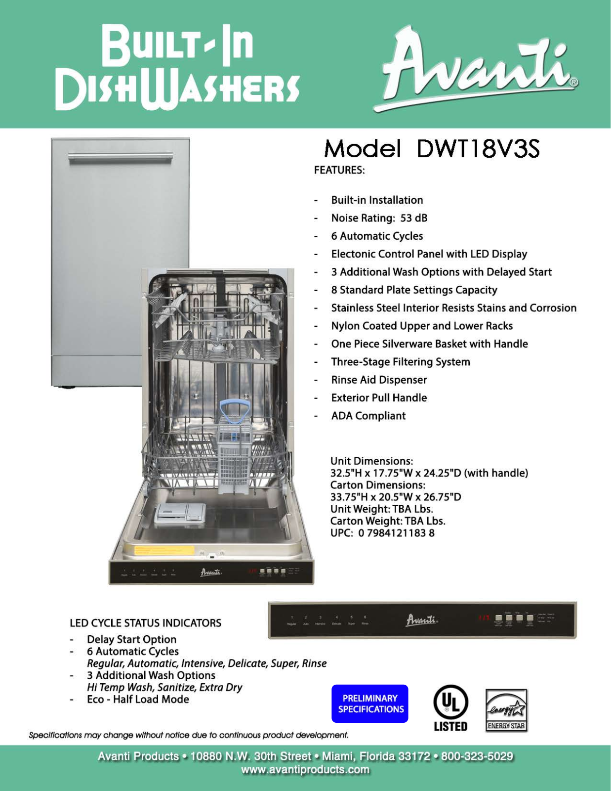 Avanti DWT18V3S Specification Sheet