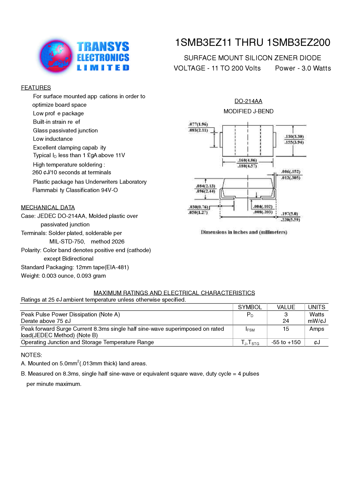 TEL 1SMB3EZ91, 1SMB3EZ82, 1SMB3EZ75, 1SMB3EZ61, 1SMB3EZ56 Datasheet