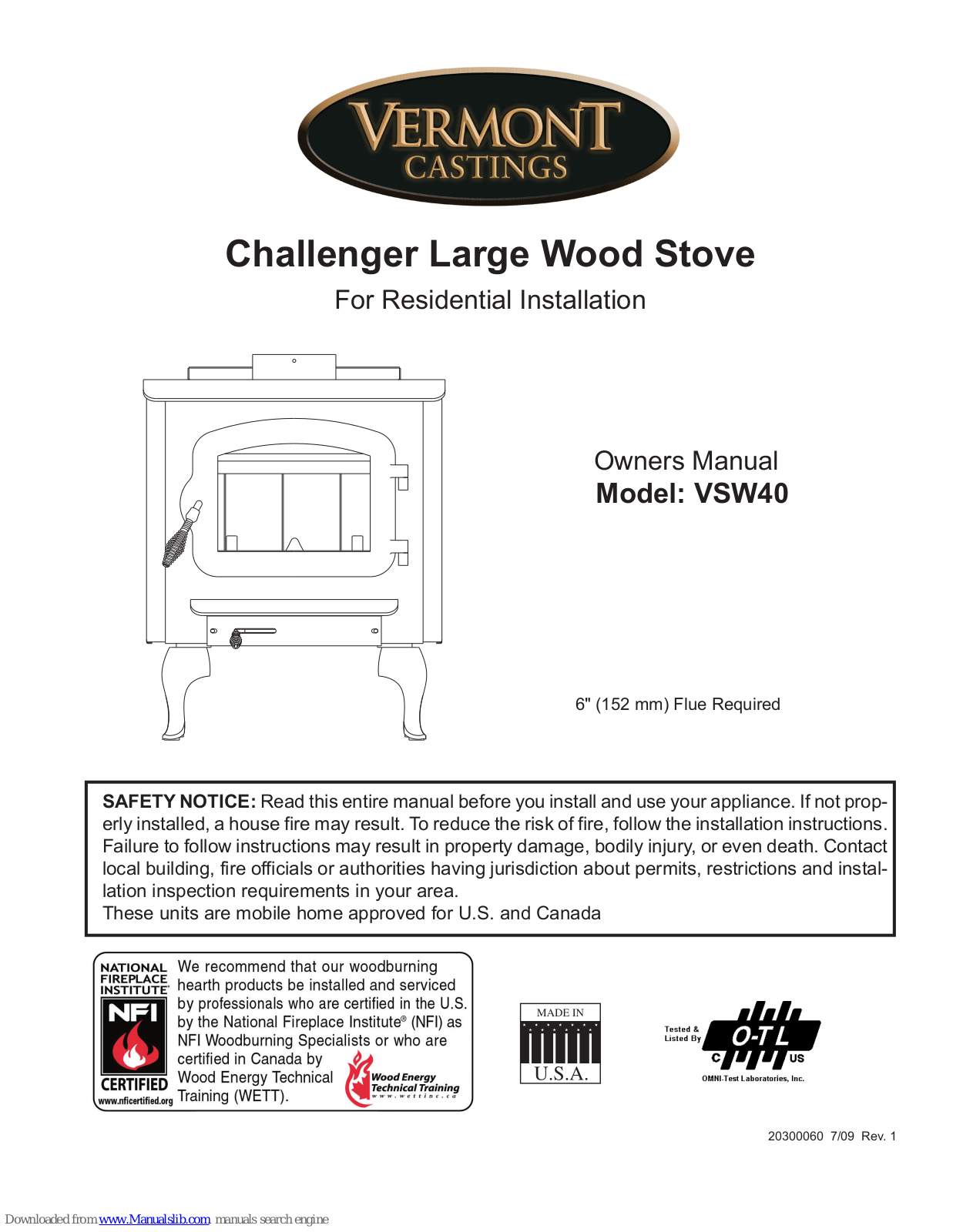 Vermont Castings Challenger VSW40, VSW20 Owner's Manual