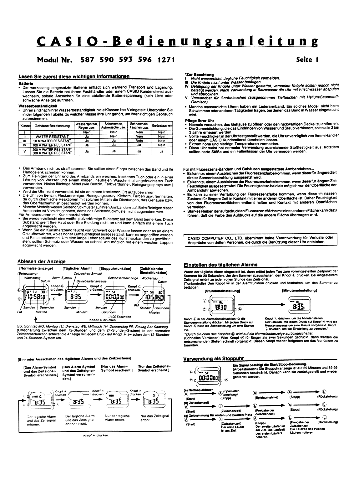 Casio W59 Module No. 590, F91W Module No. 593, A161 Module No. 595, A159 Module No. 593, A155 Module No. 587 User Manual