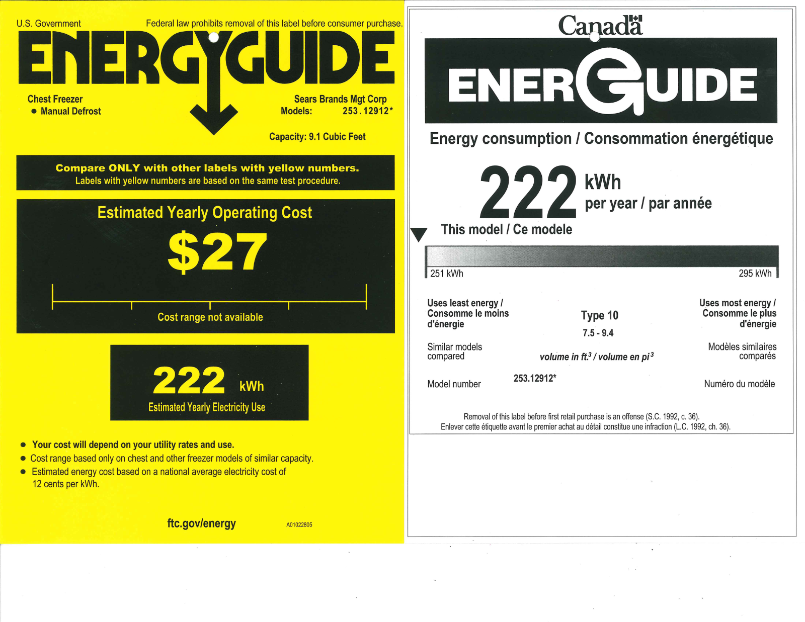 Kenmore 9 cu. ft. Chest Freezer Energy Guide