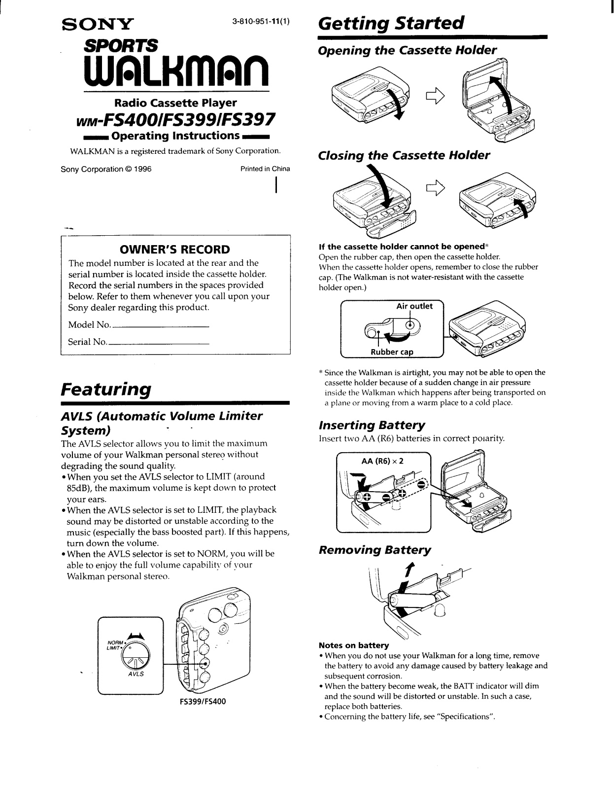 Sony WM-FS399, WM-FS397 User Manual