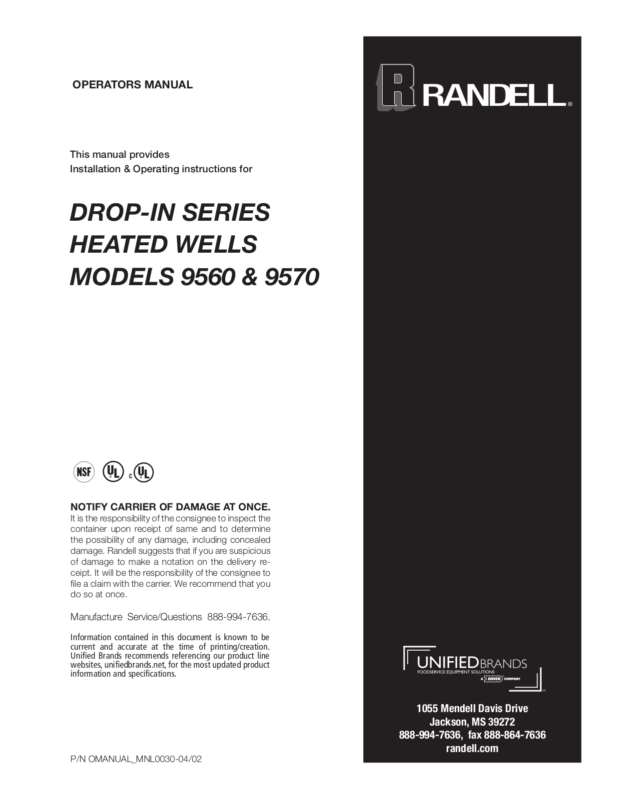 Randell 9560-5, 9570-4 Operators Manual