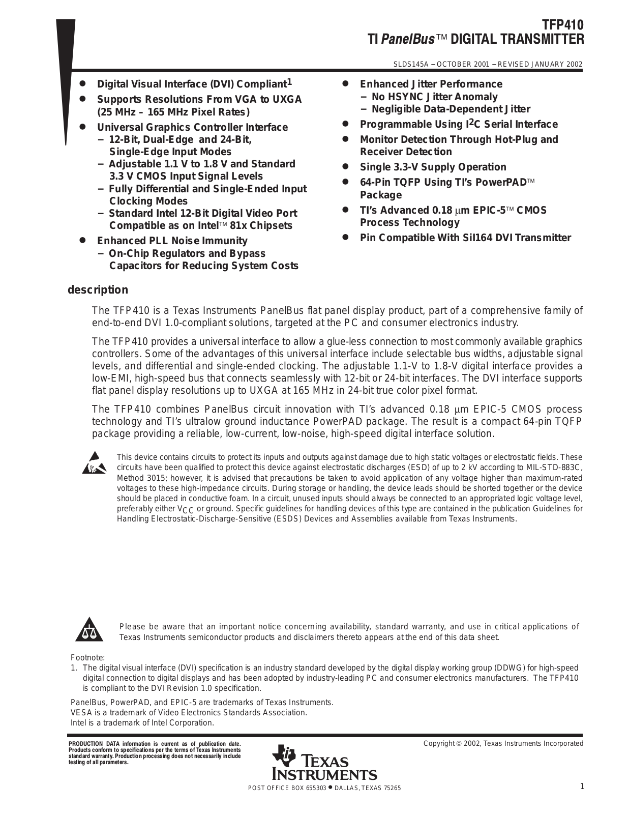 TEXAS INSTRUMENTS TFP410 Technical data