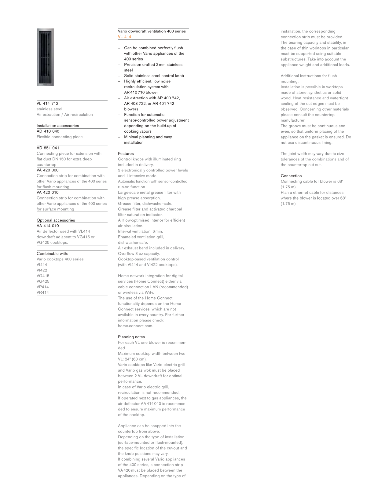 Gaggenau VL414712 Specification Sheet