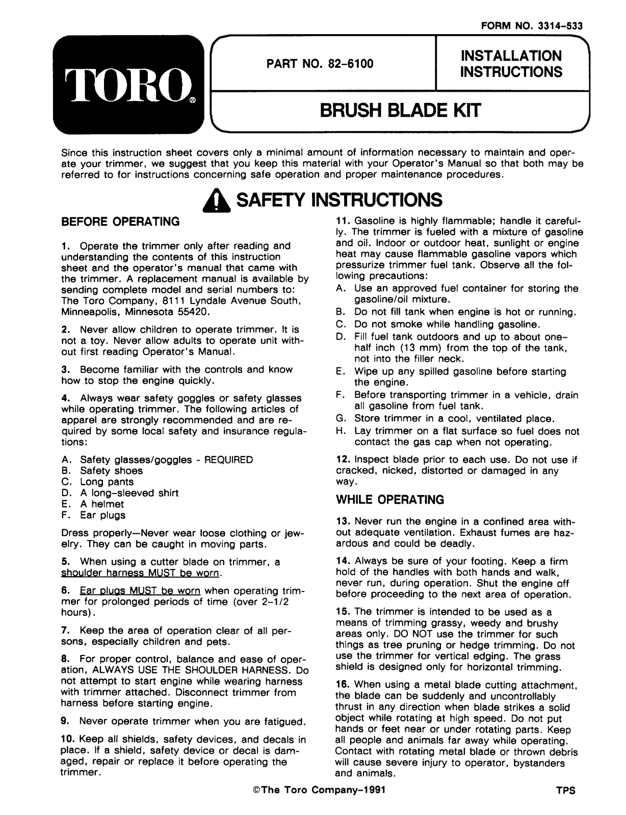 Toro 82-6100 Installation Instructions