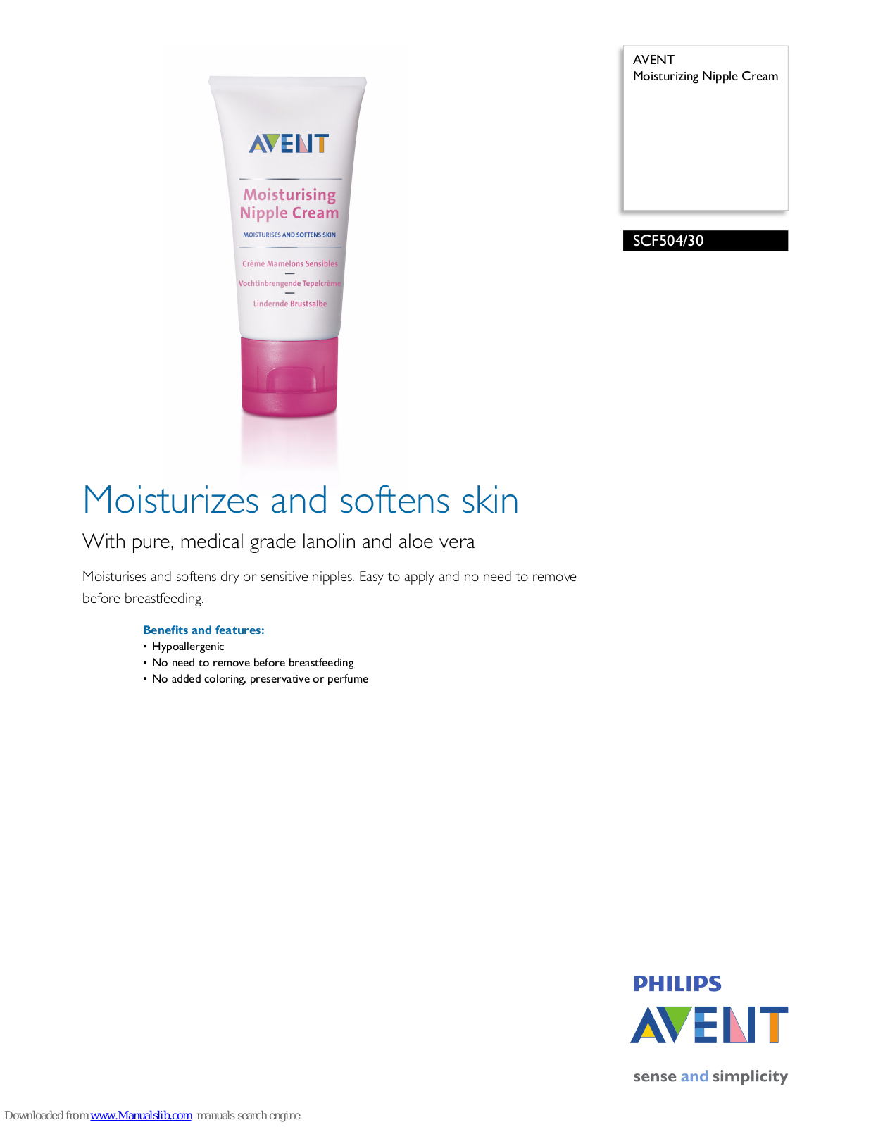 Philips AVENT Moisturizing Nipple Cream SCF504/30, SCF504/30 Specification Sheet