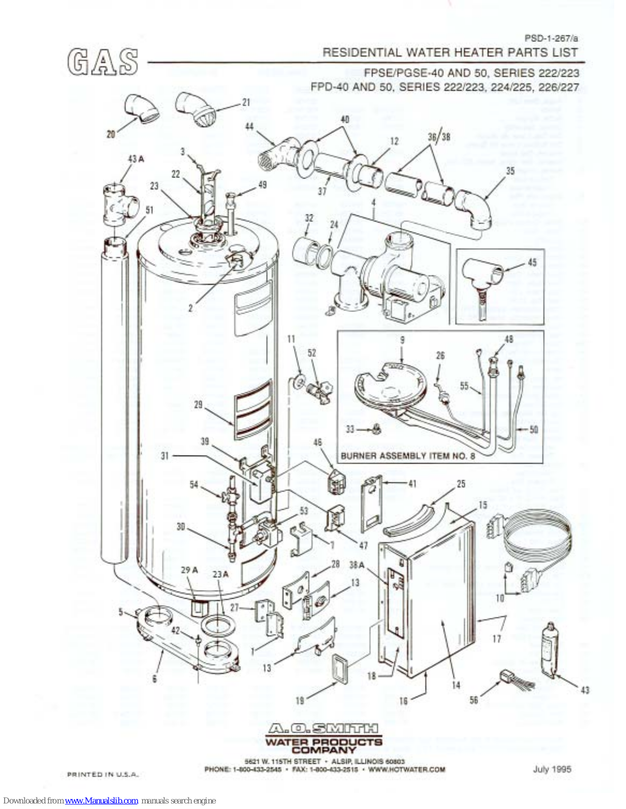 A.O. Smith PGSE-50, FPSE-50, FPD-40, FPD-50, PGSE-40 Parts List