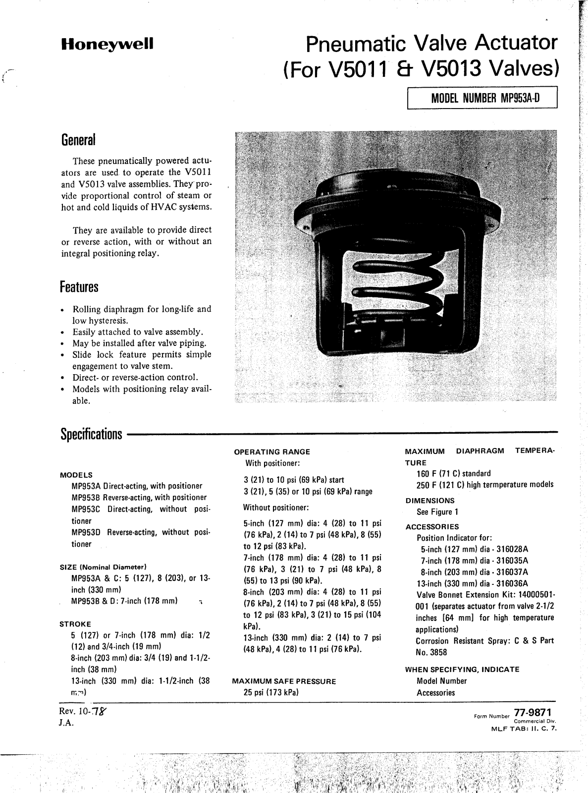 Honeywell MP953A-D Data Sheet