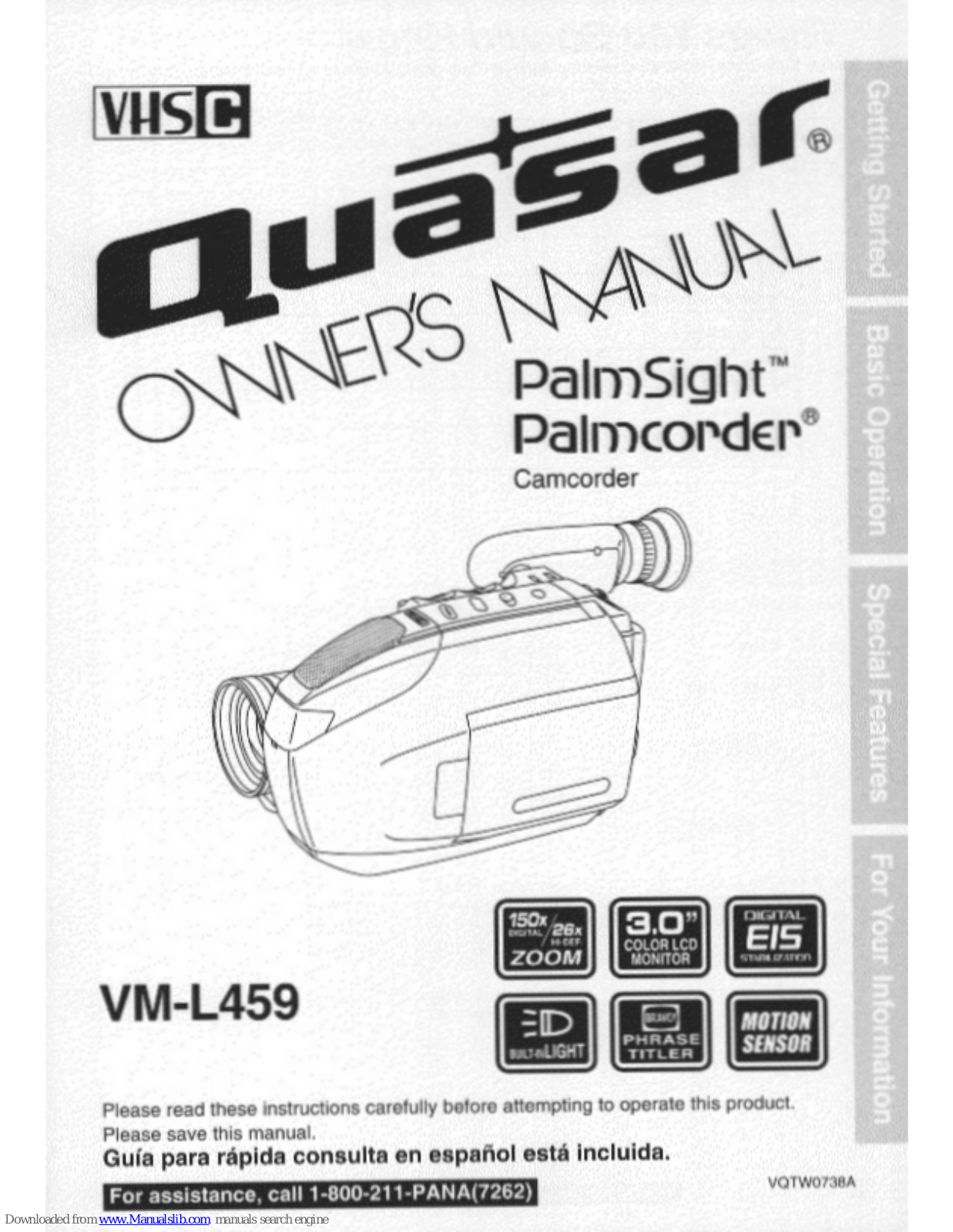 Quasar Palmcorder PalmSight VM-L459, VML459 - VHS-C CAMCORDER User Manual