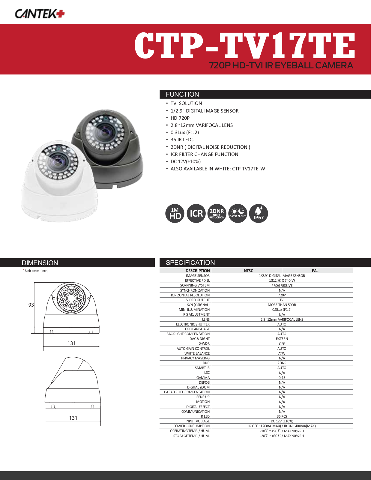 Cantek Plus CTP-TV17TE, CTP-TV17TE-W Specsheet