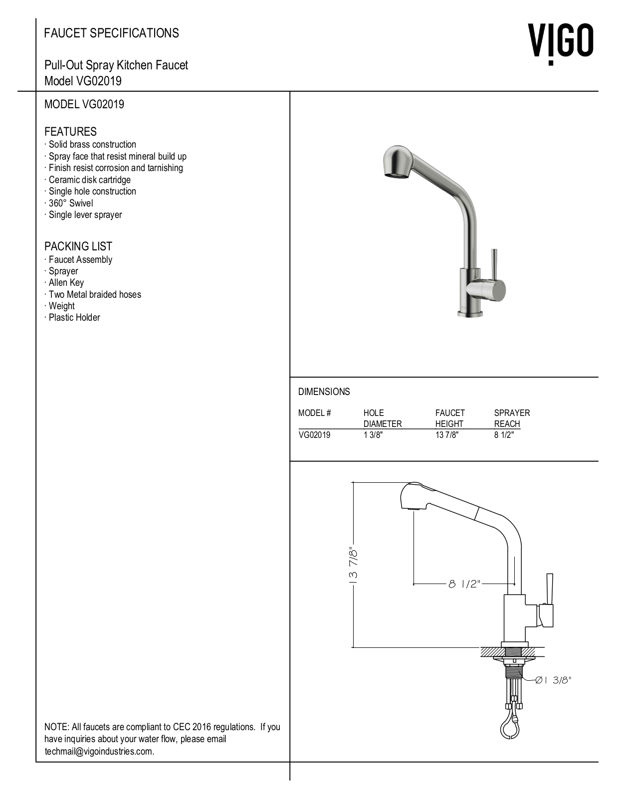 Vigo VG15161, VG15234, VG15262, VG15490 Specifications