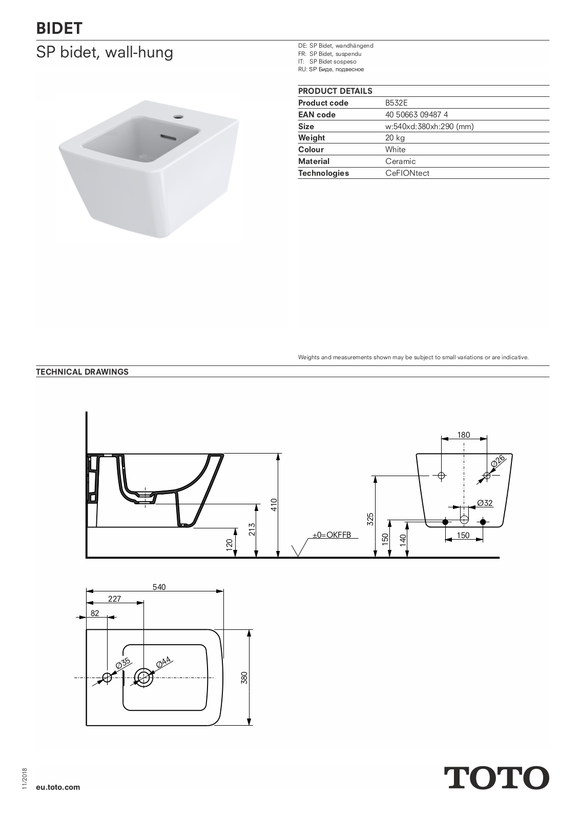 TOTO B532E Datasheet