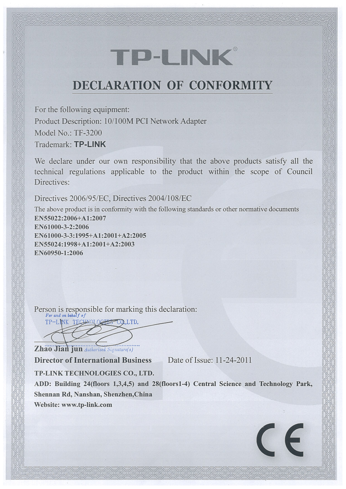 TP-Link TF-3200 Declaration of Conformity