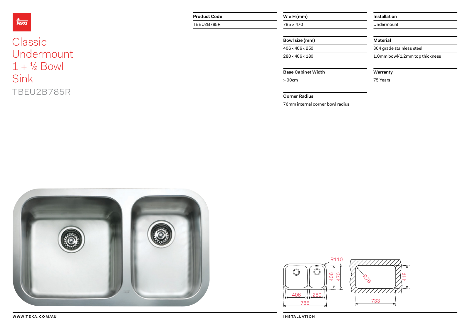 Teka TBEU2B785R Specifications Sheet