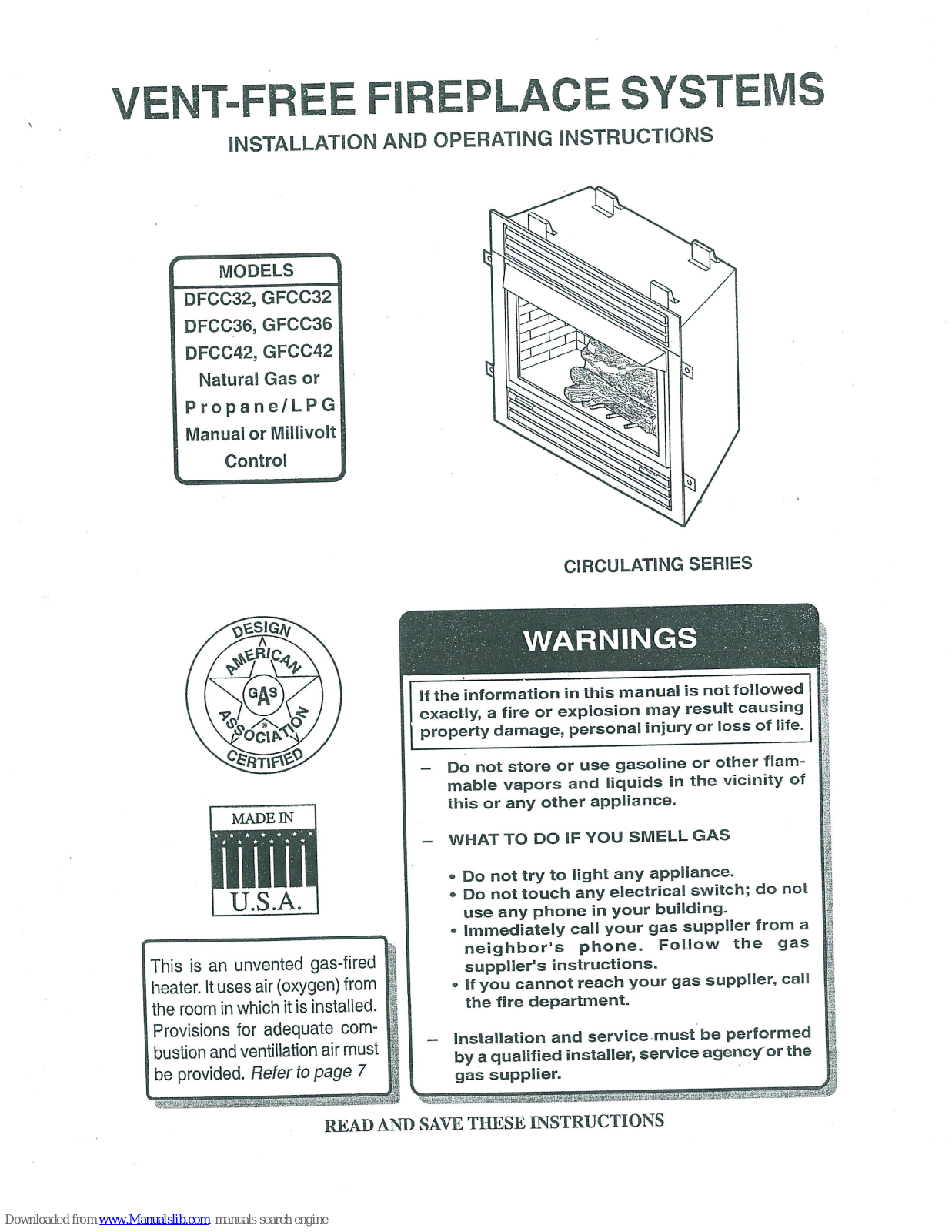 Monessen Hearth DFCC32, DFCC42, GFCC42, GFCC32, DFCC36 Installation And Operating Instructions Manual