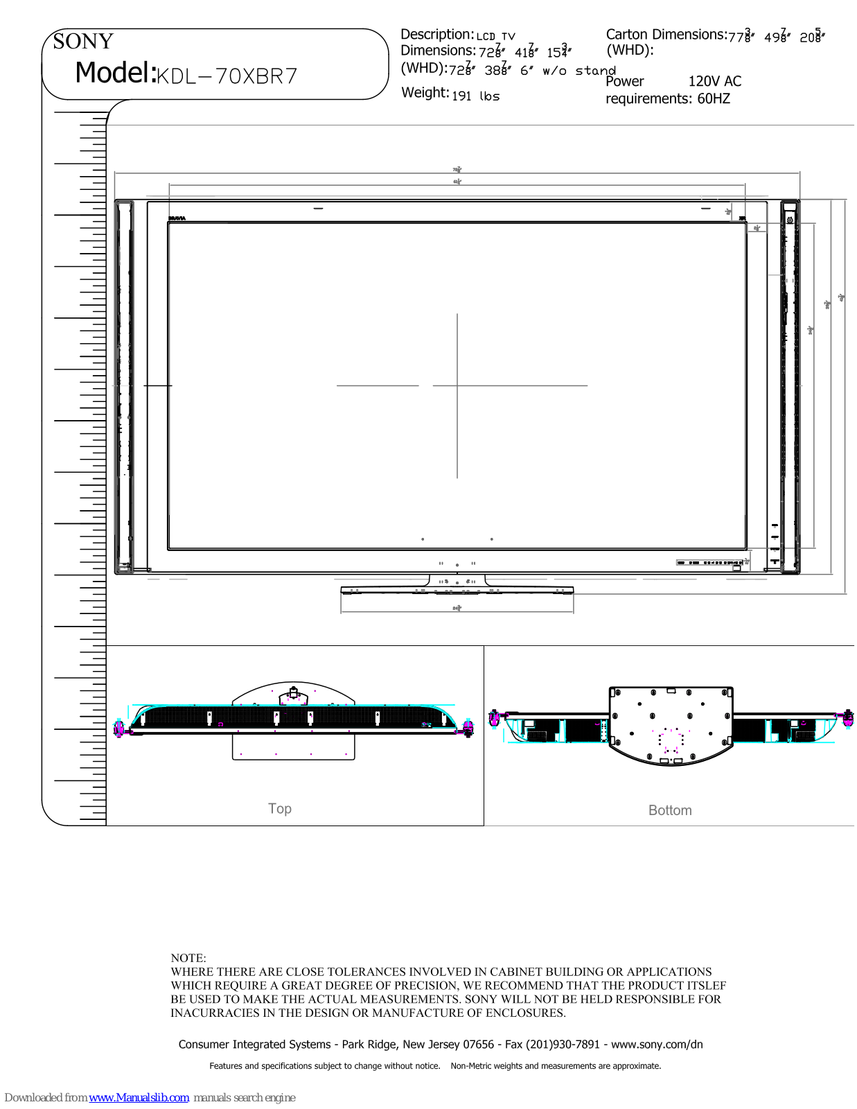 Sony BRAVIA KDL-70XBR7 Specifications