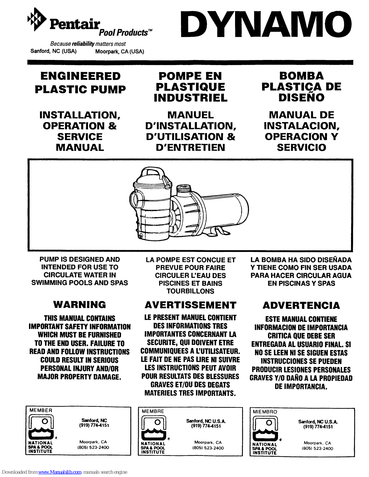 Pentair Pool Products DYNAMO Installation, Operation & Service Manual - ManualMachine.com
