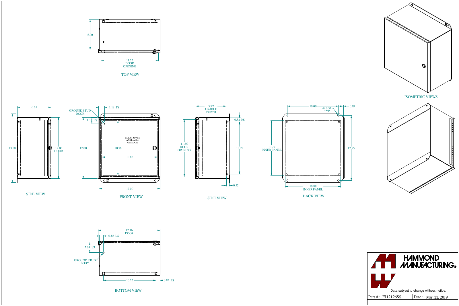 Hammond Manufacturing EJ12126SS technical drawings