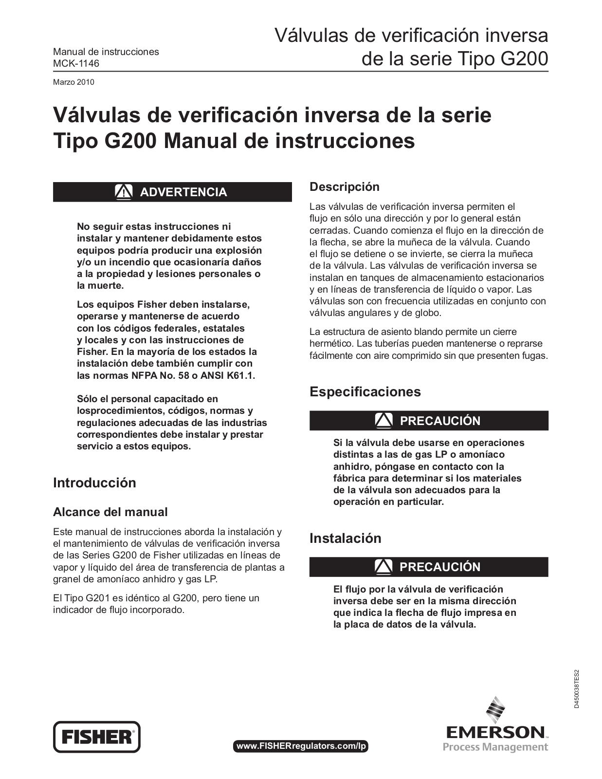 Fisher Manual de instrucciones: Válvulas de verifi cación inversa de la serie tipo | Fisher Manuals & Guides
