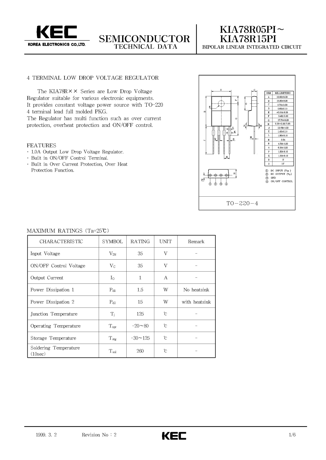 KEC KIA78R15PI, KIA78R05PI, KIA78R09PI, KIA78R12PI Datasheet