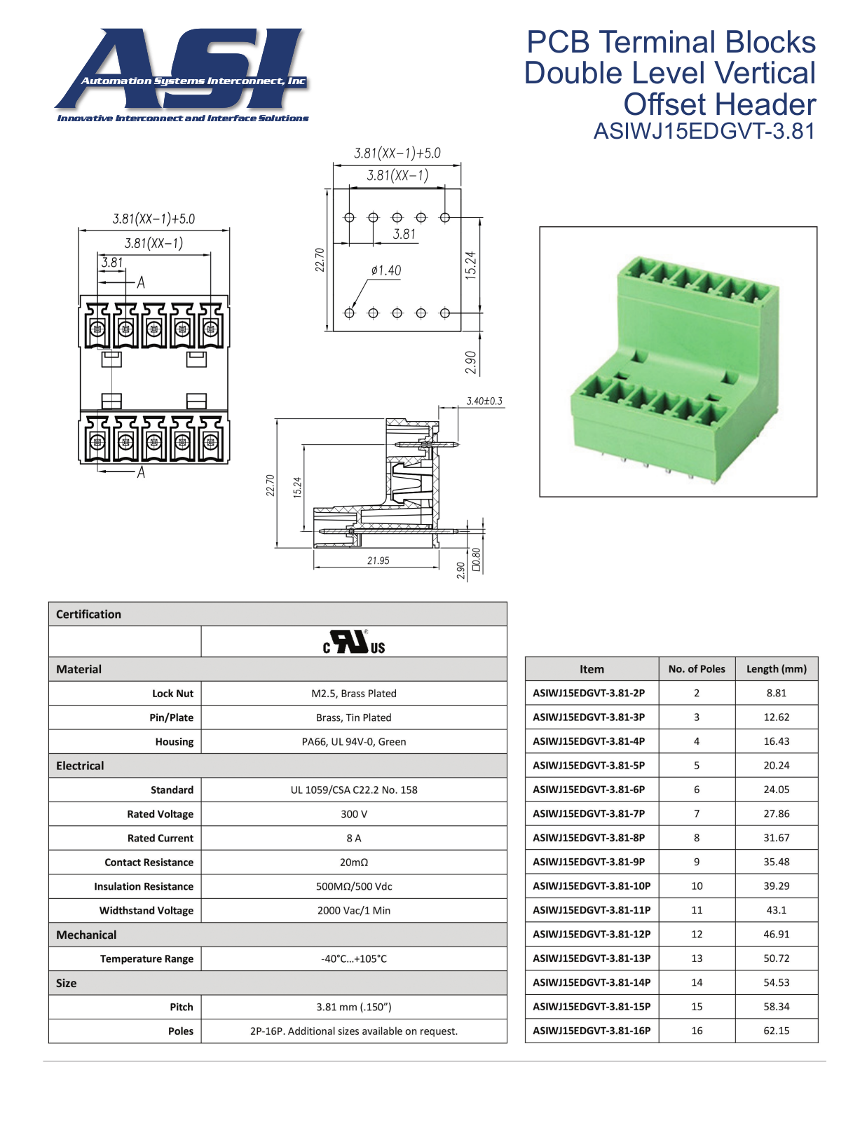 ASI-Automation Systems Interconnect ASIWJ15EDGVT-3.81 Data Sheet