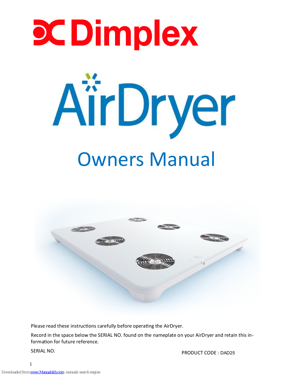 Dimplex Airdryer DAD25 Owner's Manual