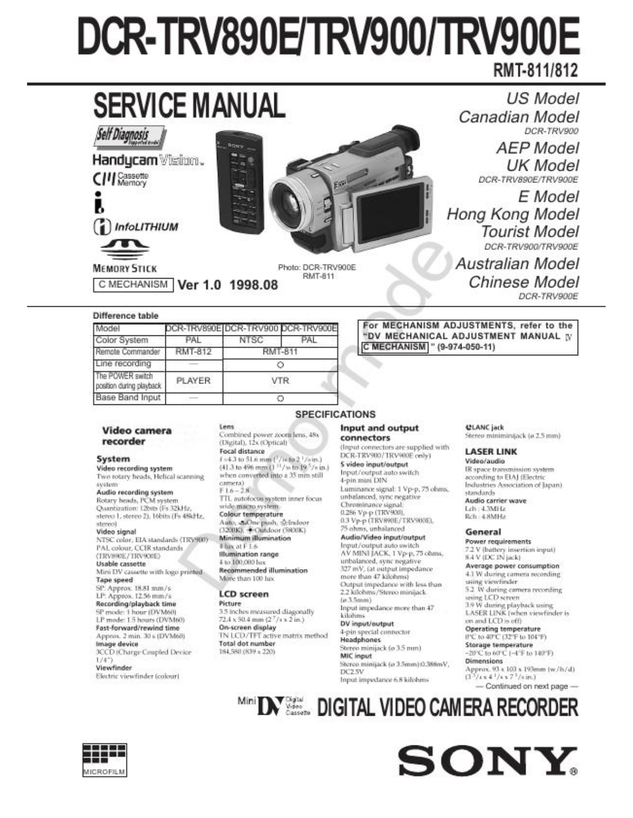 Sony DCR-TRV890E Schematic