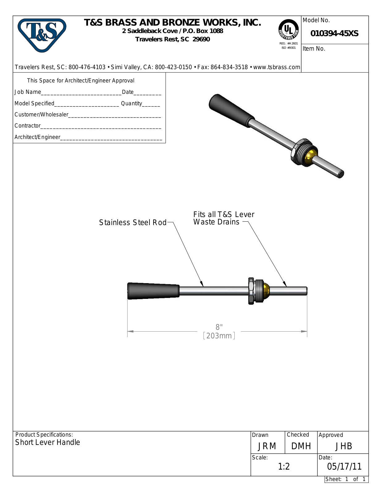 T&S Brass 010394-45XS User Manual