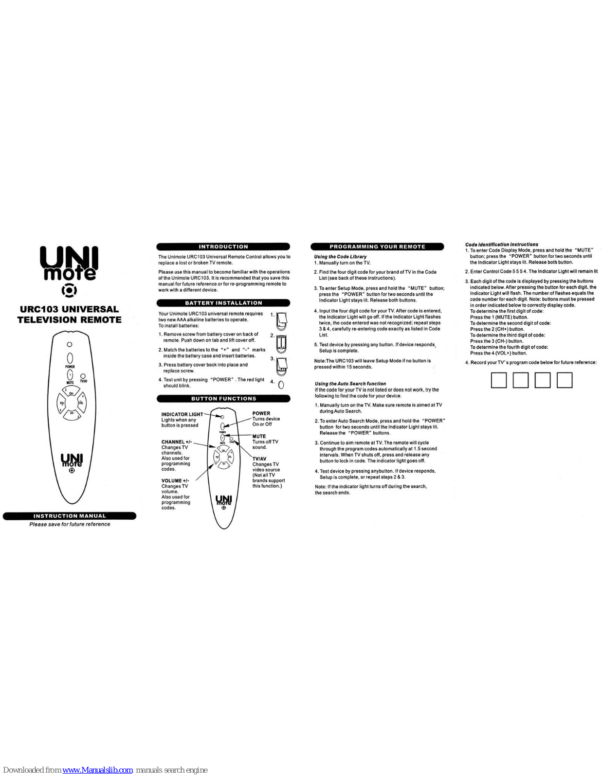 UNI mote URC103 Instruction Manual