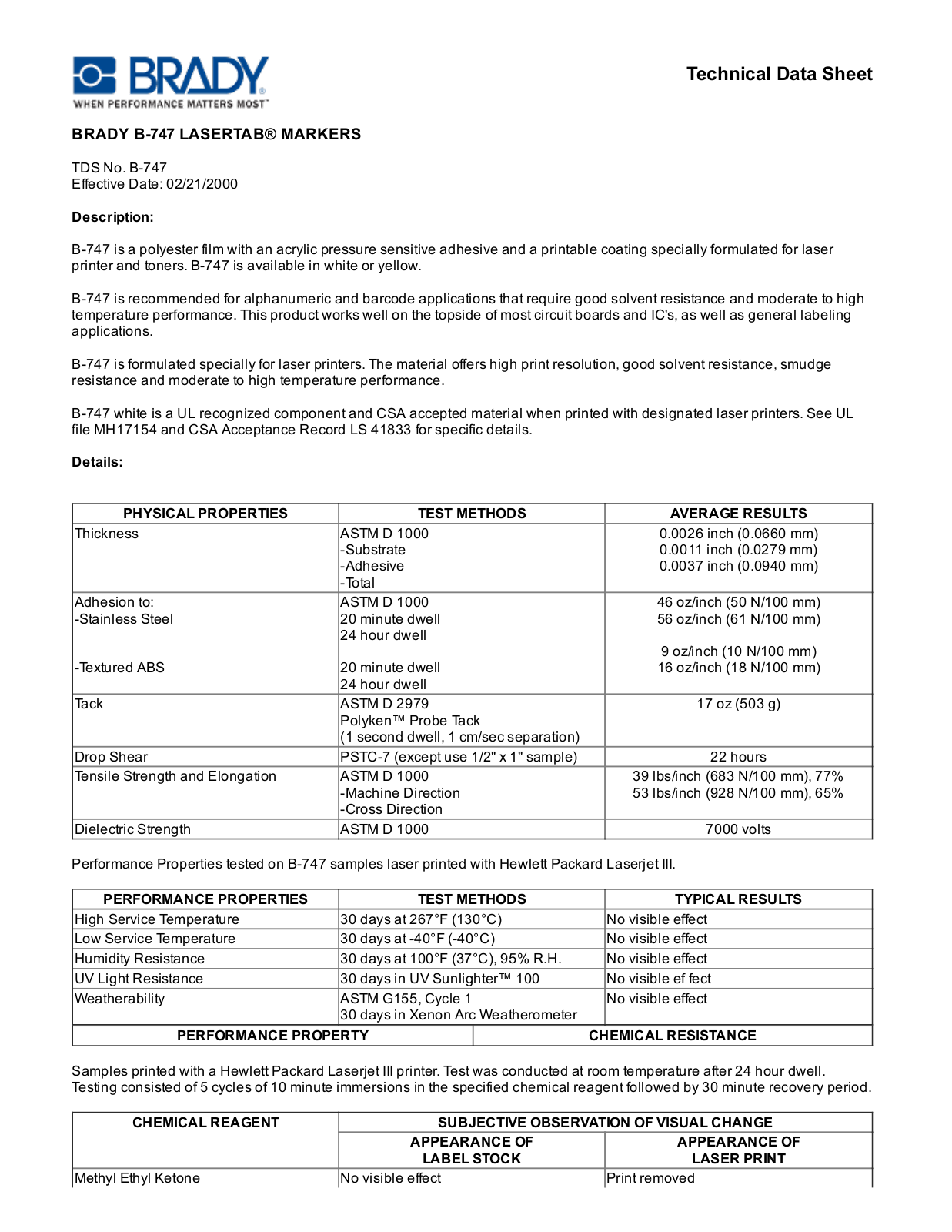 Brady B­747 Technical Data