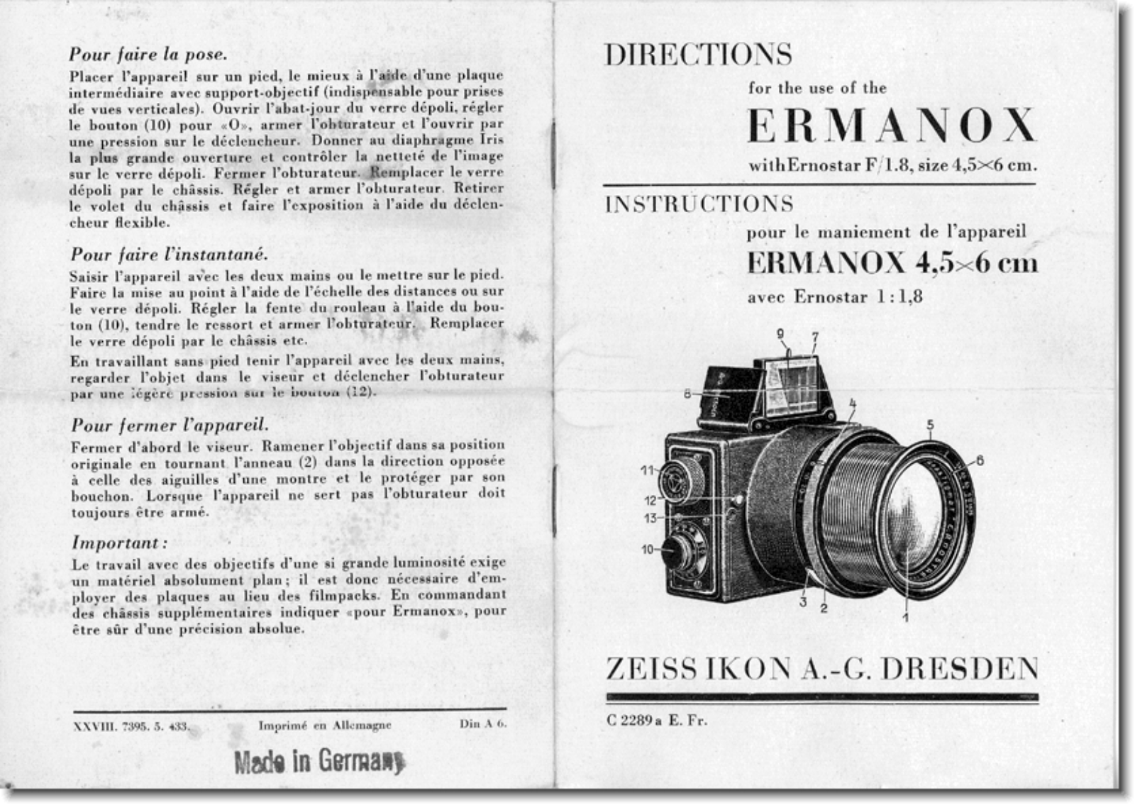 ZEISS IKON Ermanox 4, 5 x 6cm Instruction Manual