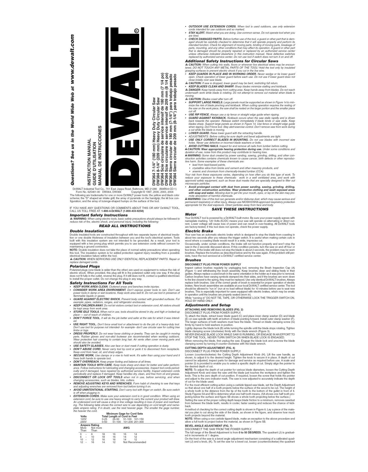 DeWalt DW384 TYPE5, DW364K TYPE5, DW364 TYPE5 Owner’s Manual