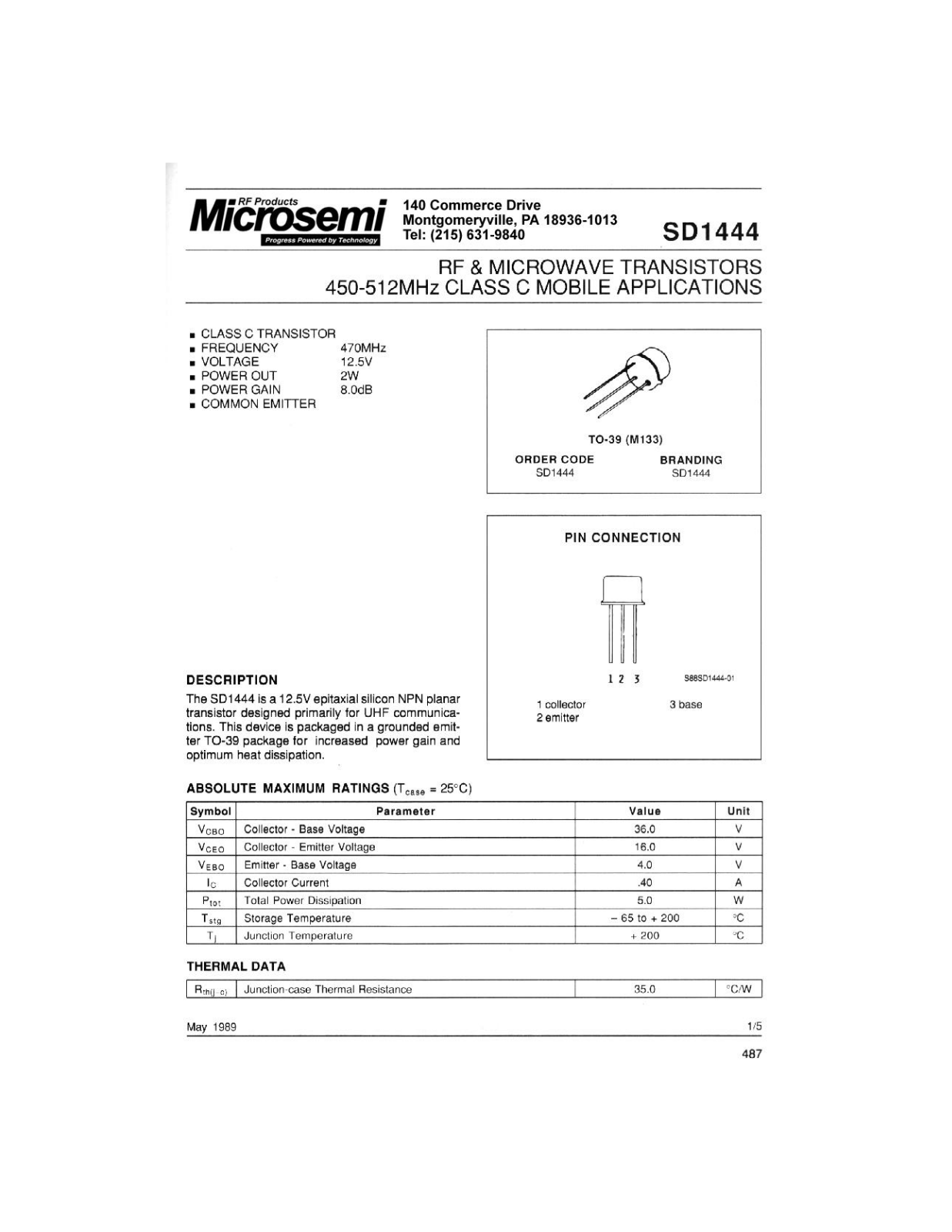 Microsemi Corporation SD1444 Datasheet