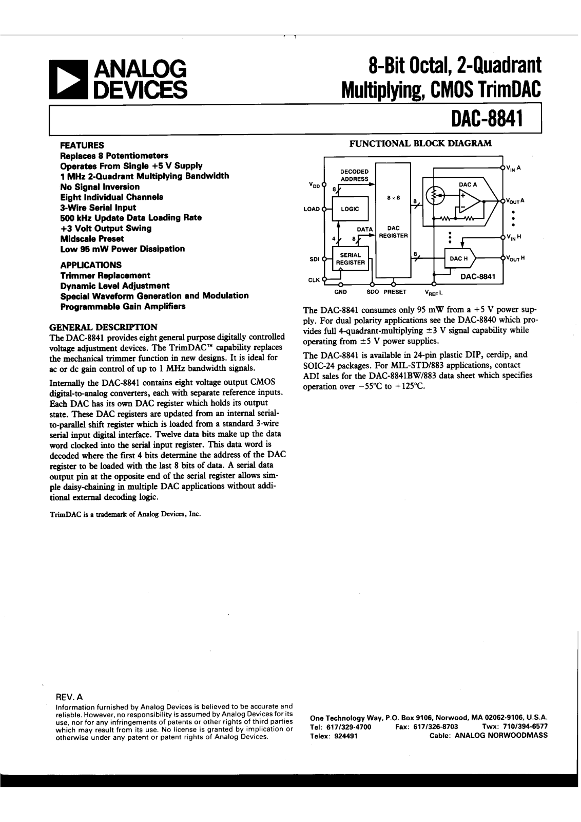 Analog Devices DAC8841FW, DAC8841FS, DAC8841FP Datasheet