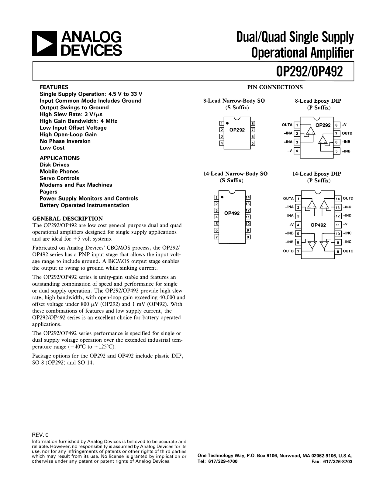 Analog Devices OP292GP, OP492GP, OP292GBC, OP492GS, OP492GBC Datasheet