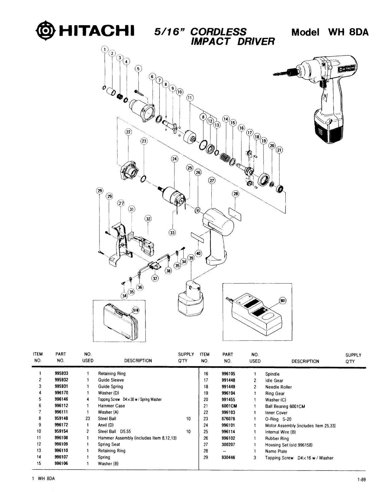 Hitachi WH8DA PARTS LIST