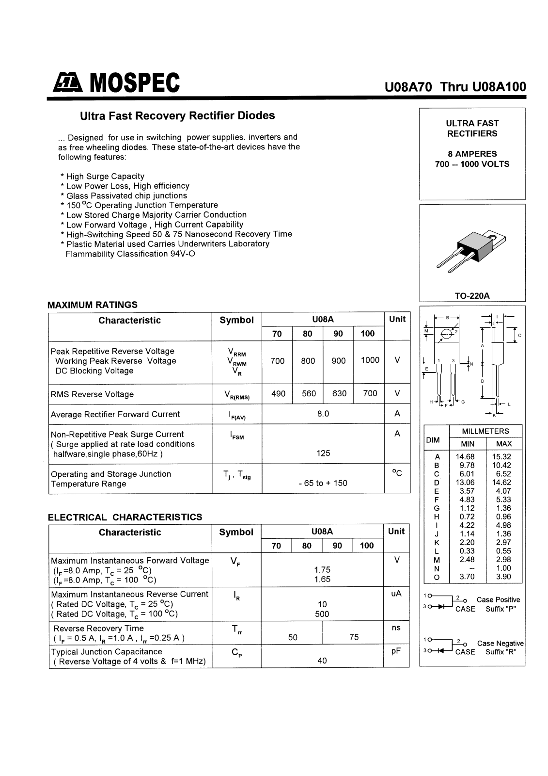 MOSPEC U08A90, U08A80, U08A70, U08A100 Datasheet