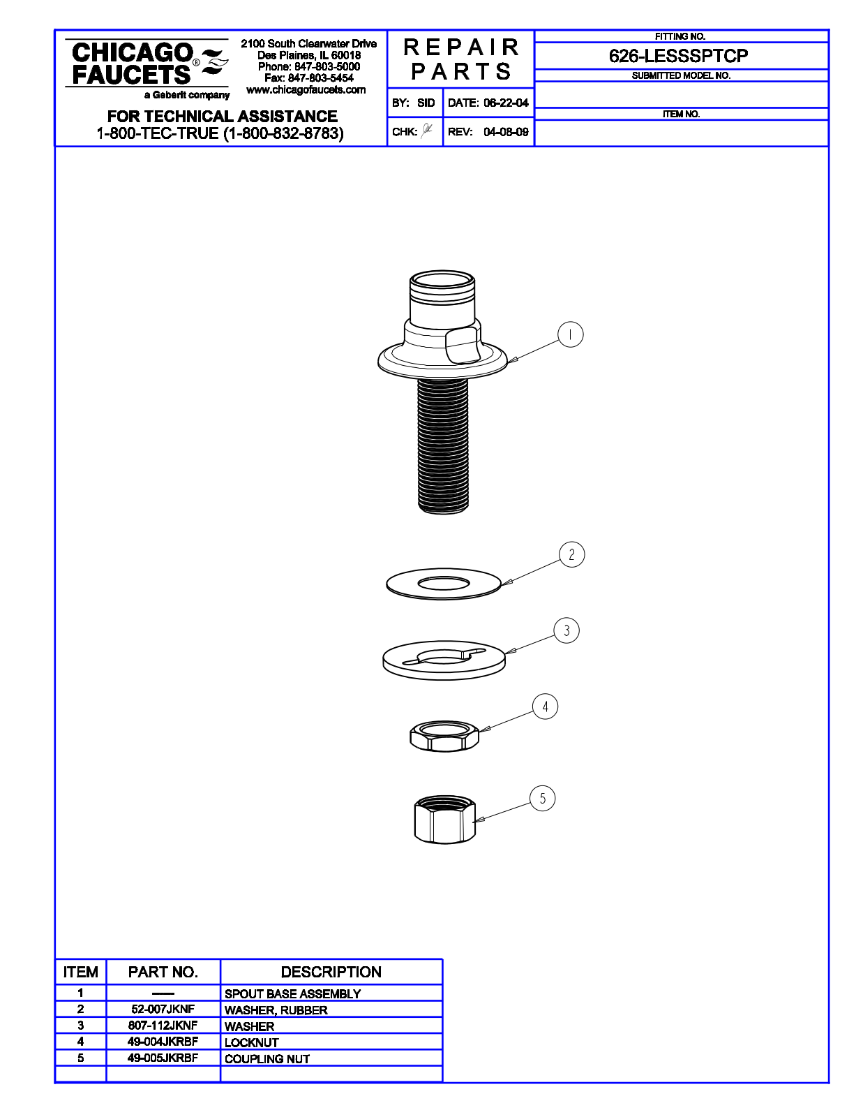 Chicago Faucet 626-LESSSPT Parts List