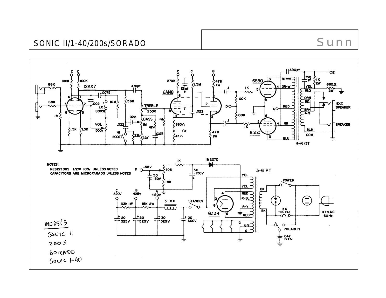 Sunn sorado, sonic ii, sonic i schematic