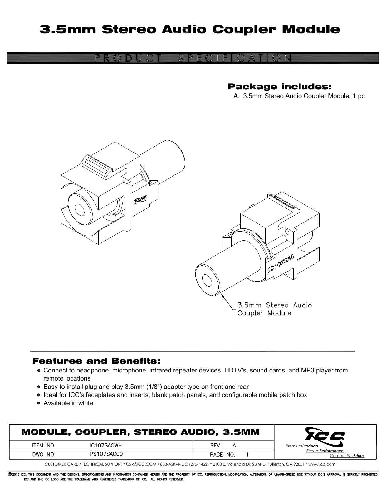 ICC IC107SACWH Specsheet