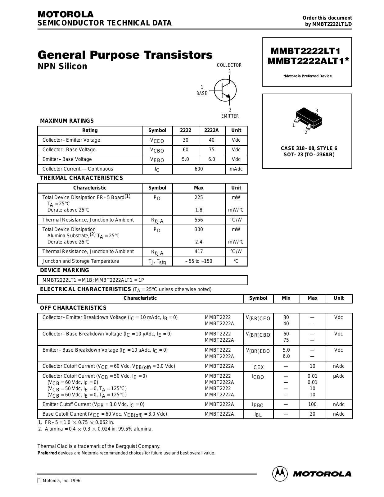 Motorola MMBT2222ALT1, MMBT2222LT3, MMBT2222LT1, MMBT2222ALT3 Datasheet