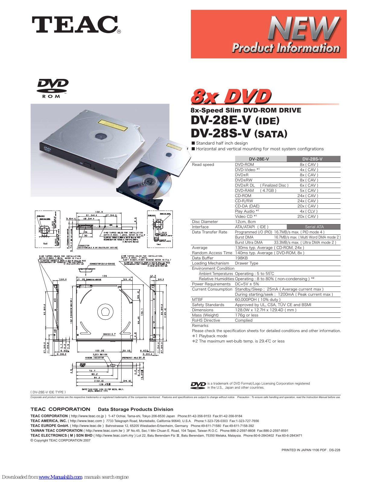 Teac DV-28S-V, DV28E Product Information