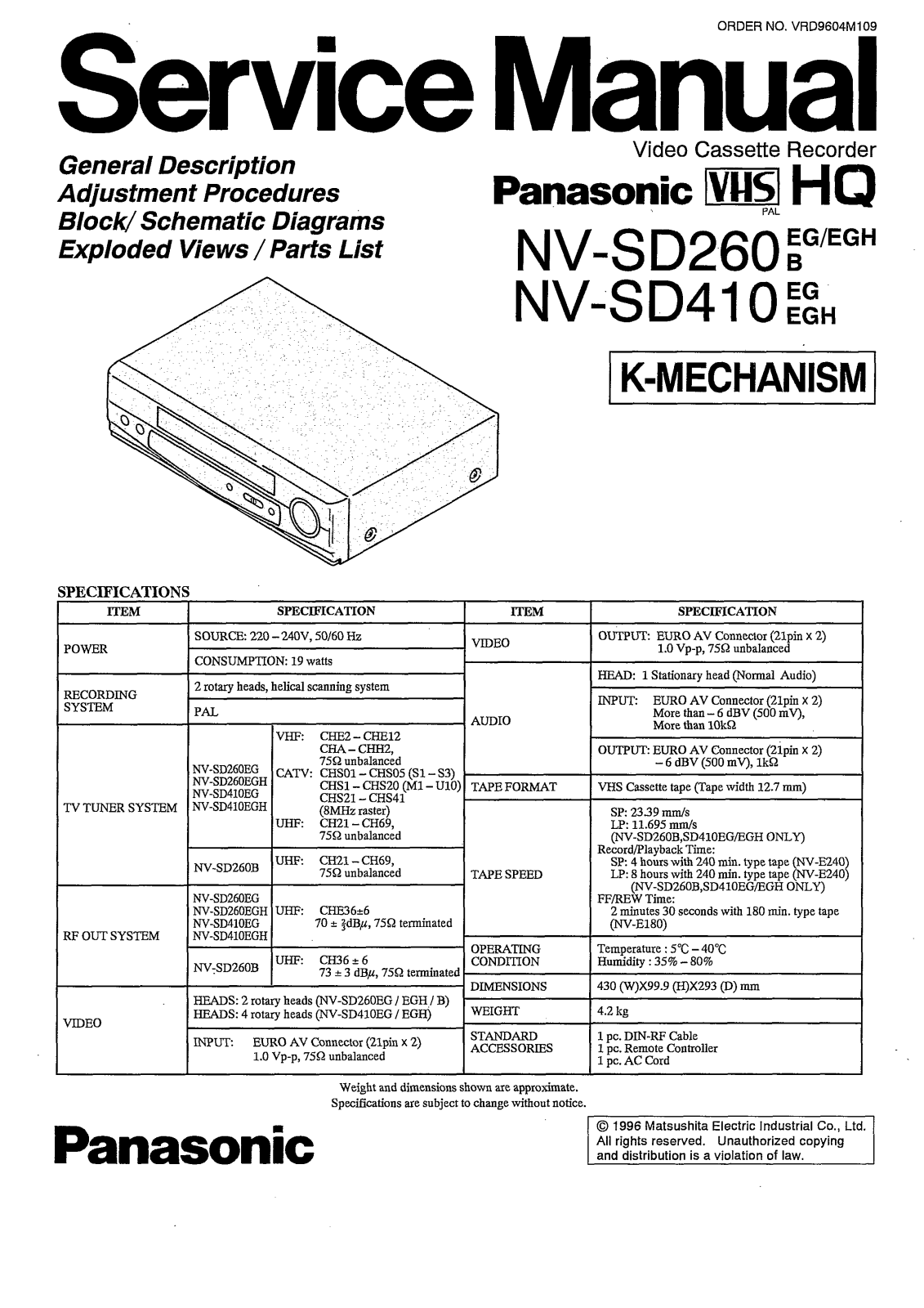 Panasonic NV-SD410 Service Manual